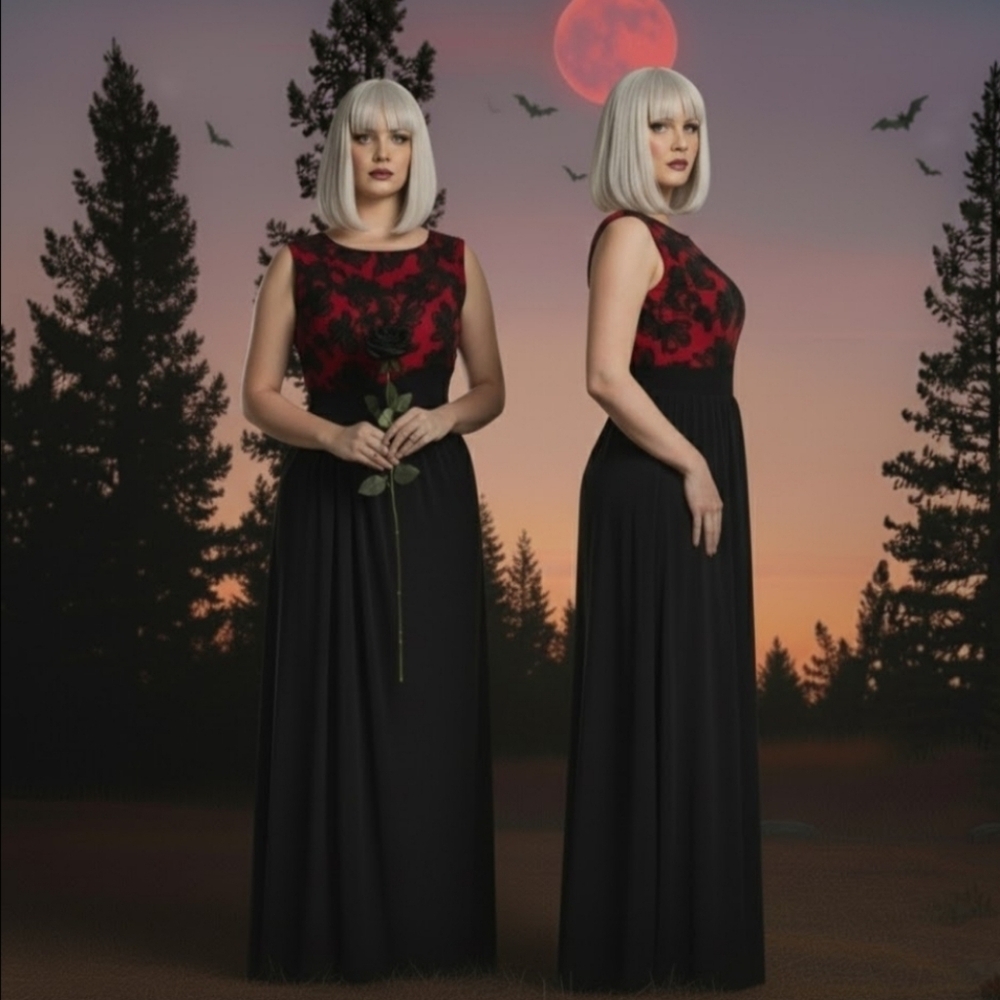Whimsigoth Vampire Grunge Maxi Dress Medium Lace Detail Red Black Flowy Open